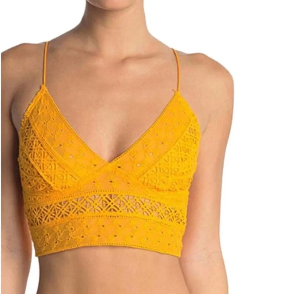 FREE PEOPLE Carina Bralette Eyelet Smocking Mango Gold NWT